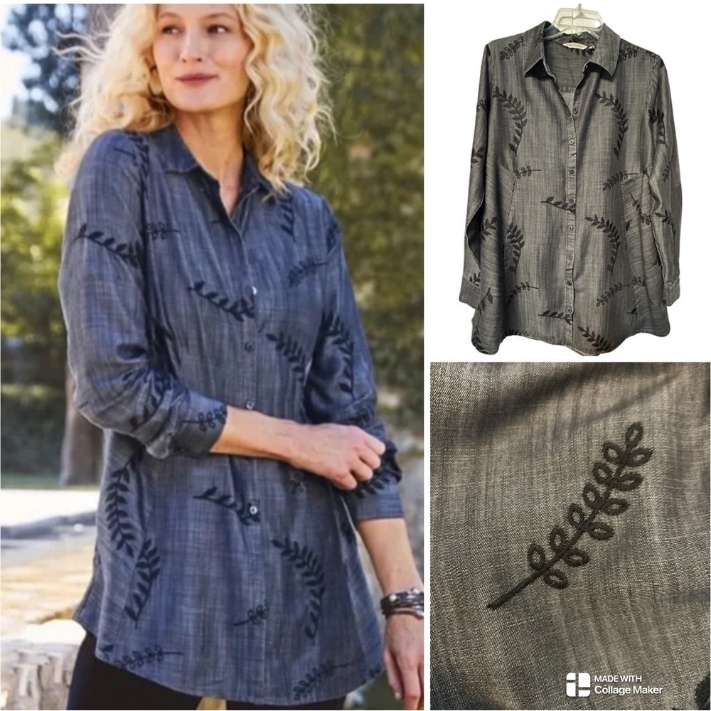 Soft Surroundings NWOT Chambray embroidered papyrus shirt